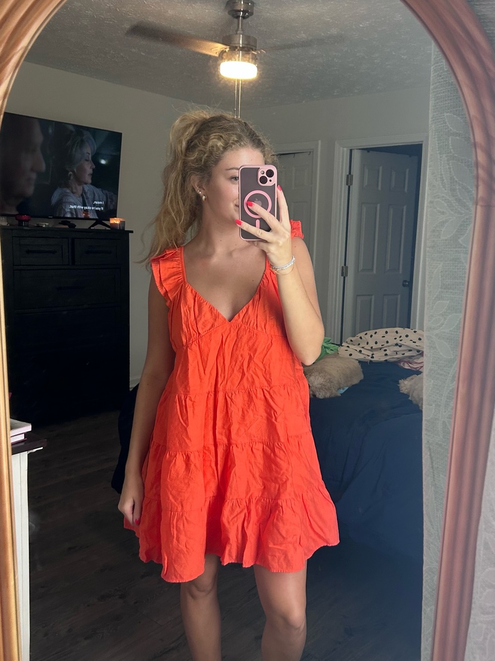 mine Bright Orange Tiered Ruffle Mini Dress